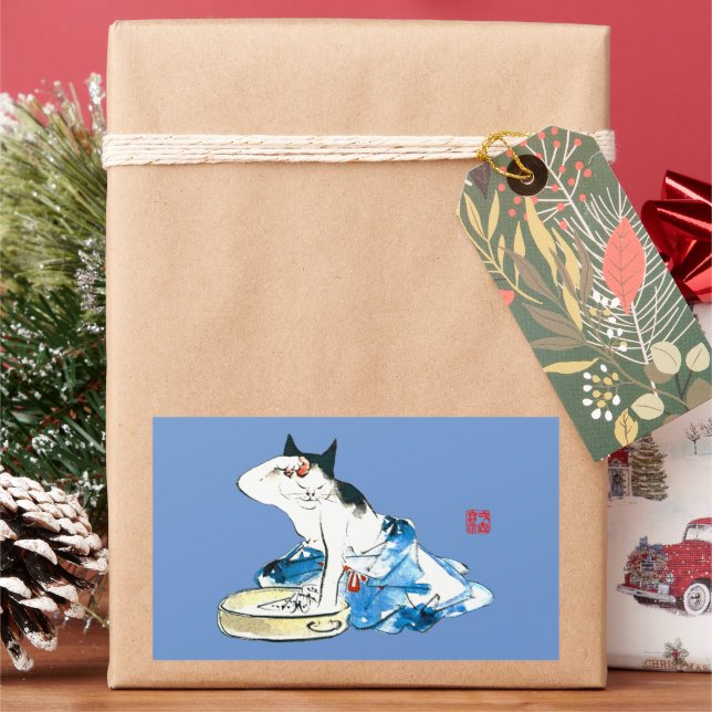 Humourous Japanese Cat Bathing II Rectangular Sticker (Holiday)