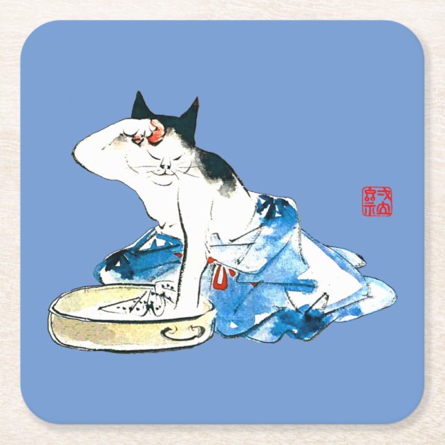 Humourous Japanese Cat Bathing II Square Paper Coaster (Front)