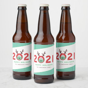 Humourous Masked Reindeer 2021 Custom Holiday Beer Bottle Label