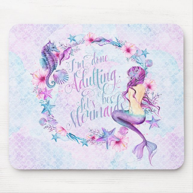 Humourous Mermaid Seahorse Lavender Pink Aqua Mouse Pad (Front)
