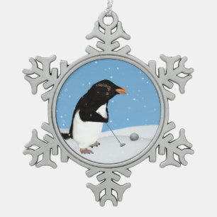 Humourous Penguin Playing Golf Snowflake Pewter Christmas Ornament