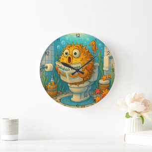 Humourous Pufferfish  Reading in an Aquatic-Themed Large Clock