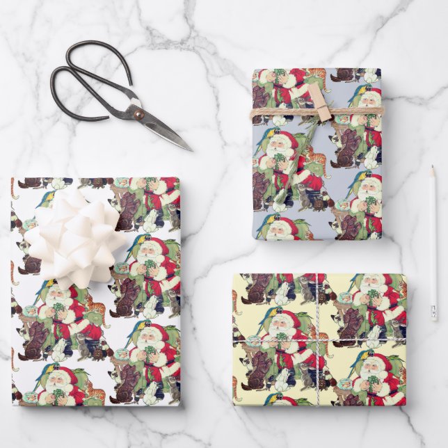 Humourous Santa & Pet Animals Dog Cat Rabbit Bird Wrapping Paper Sheet (Front)