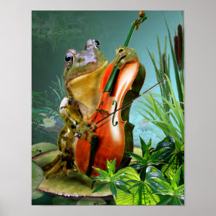 Humourous scene frog playing cello in lily pond poster