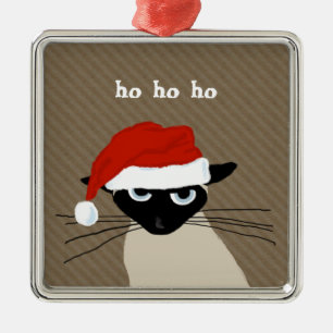 Humourous Siamese Cat Ho Ho Ho   Funny Santa Kitty Metal Tree Decoration