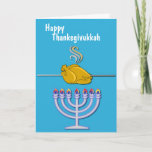 Humourous Thanksgivukkah Custom Holiday Card<br><div class="desc">Fun custom Thanksgivukkah greeting card done in a sky blue,  with graphics of a spit roasting turkey over a Menorah.  White text,  on the front reads,  Happy Thanksgivukkah.  Personalise the text inside to read what you want.</div>