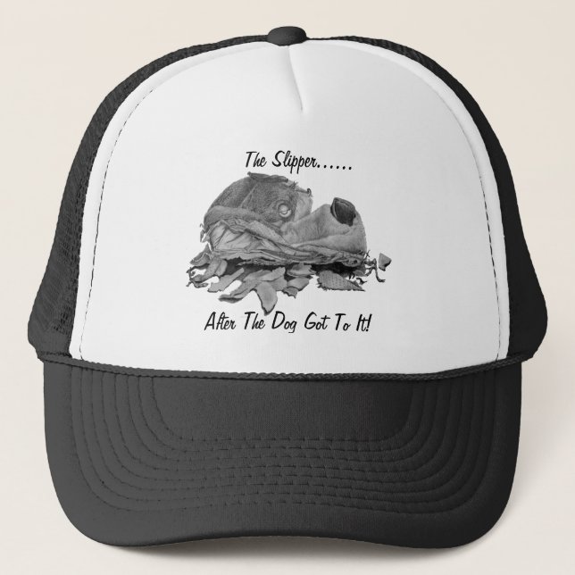 Humourous torn dog slipper drawing still life art trucker hat (Front)