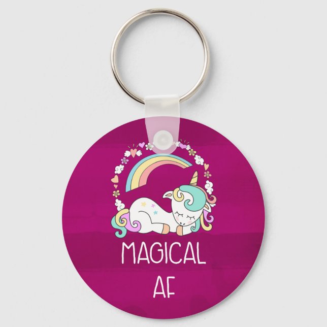 Humourous Unicorn Magical AF on Dark Red Pattern Key Ring (Front)