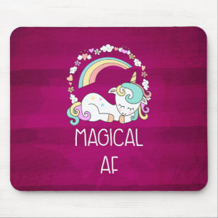 Humourous Unicorn Magical AF on Dark Red Pattern Mouse Pad