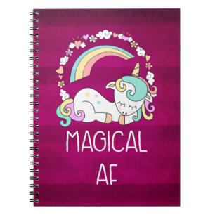 Humourous Unicorn Magical AF on Dark Red Pattern Notebook