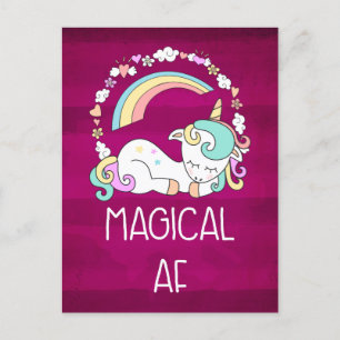 Humourous Unicorn Magical AF on Dark Red Pattern Postcard