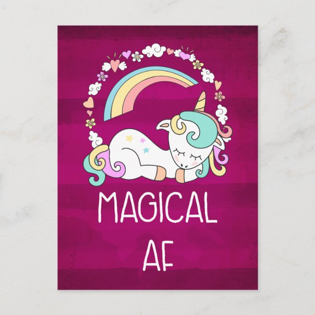 Humourous Unicorn Magical AF on Dark Red Pattern Postcard (Front)