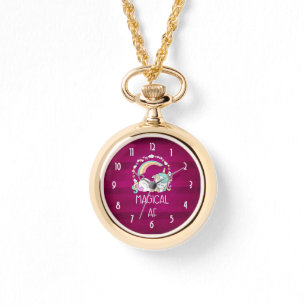 Humourous Unicorn Magical AF on Dark Red Pattern Watch