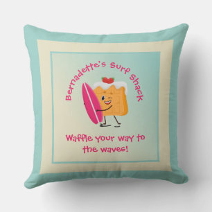 Humourous Waffle Surfer with Surfboard Name Text Cushion