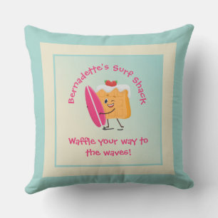 Humourous Waffle Surfer with Surfboard Name Text Cushion