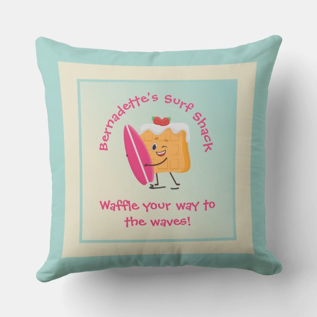 Humourous Waffle Surfer with Surfboard Name Text Cushion (Back)
