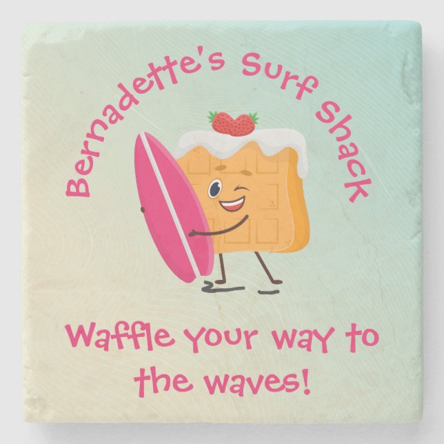 Humourous Waffle Surfer with Surfboard Name Text Stone Coaster (Front)