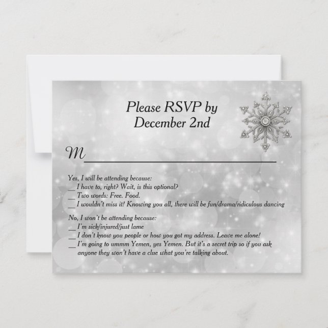 Humourous Winter Snowflake Wedding RSVP Card (Front)