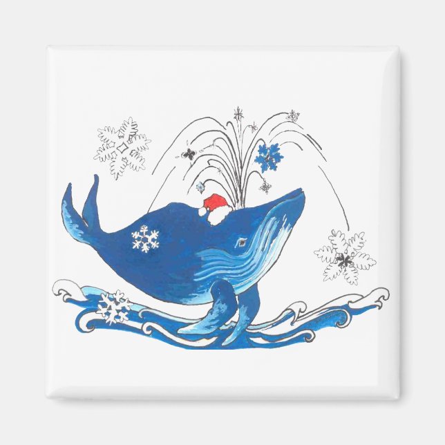 Humpback Christmas Whale with Santas Hat Snowflake Magnet (Front)
