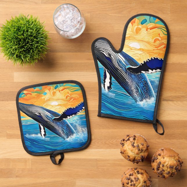 Humpback Sunset Leap Art Oven Mitt & Pot Holder Set (Top Down)