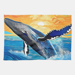 Humpback Sunset Leap Art Tea Towel