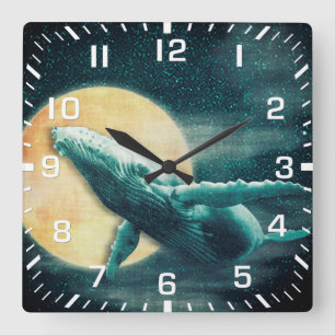 Humpback Whale Flying to The Moon Wall Clock