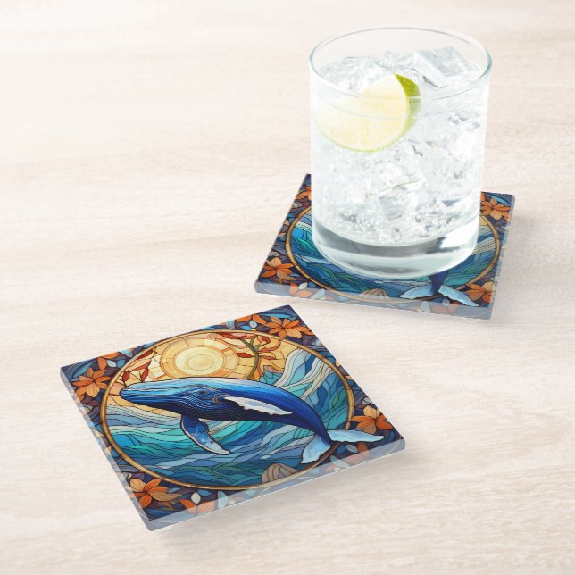 Humpback whale stained glass art coaster (Angled)