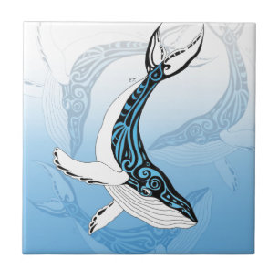 Humpback Whale Tribal Blue Art Ceramic Tile