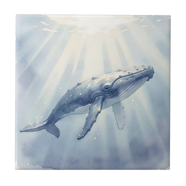 Humpback Whale Watercolor Ocean Ceramic Tile (Front)