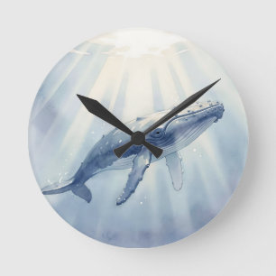 Humpback Whale Watercolor Ocean Round Clock