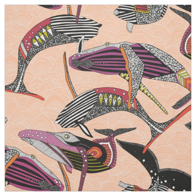 humpback whales peach fabric (Swatch)
