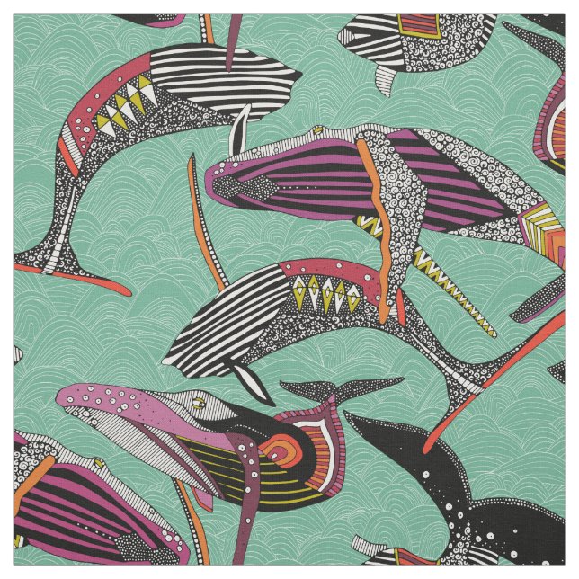 humpback whales peppermint fabric (Swatch)
