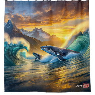 Humpbacks At Sunset Design by Rich AMeN Gill Shower Curtain