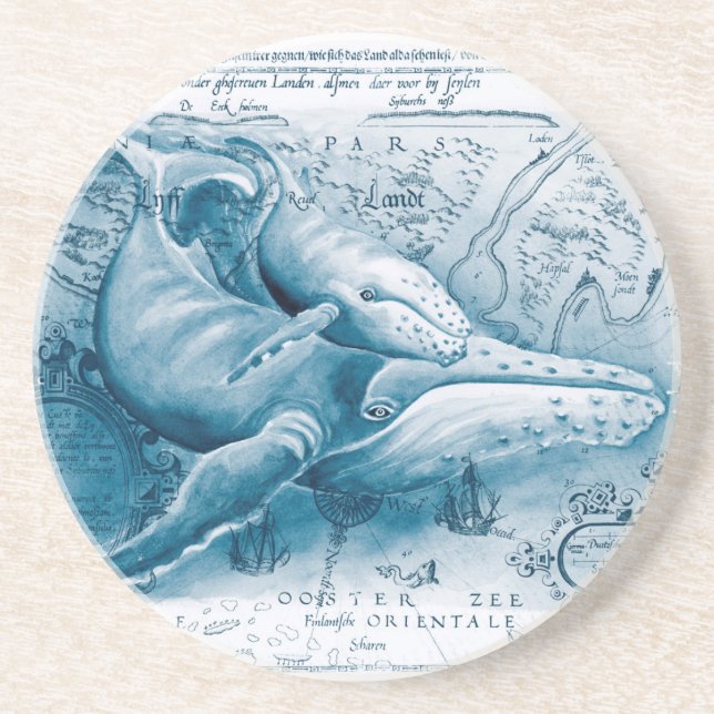 Humpbacks Blue Vintage Map Coaster (Front)