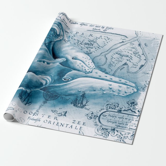 Humpbacks Blue Vintage Map Wrapping Paper (Unrolled)