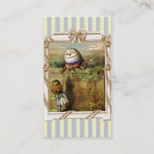 Humpty Dumpty and Alice on blue and white stripes Business Card (Front)