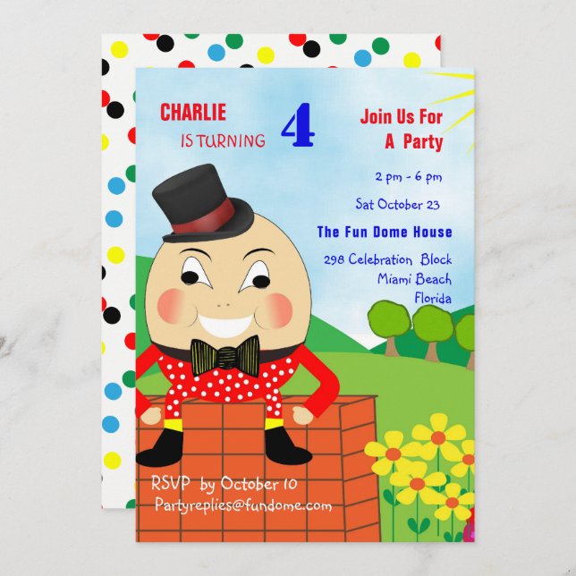Humpty Dumpty Themed Kids Birthday Party Editable Invitation (Front/Back)