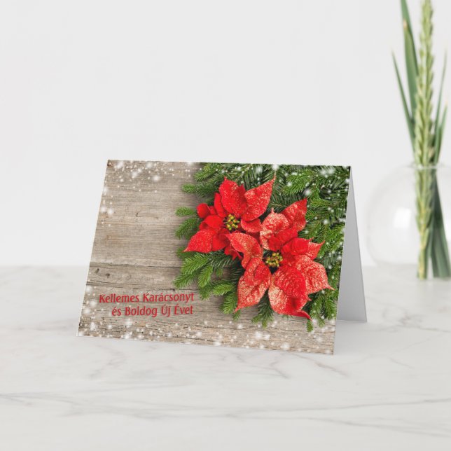 Hungarian Christmas - Christmas tree, Poinsettia Holiday Card (Front)