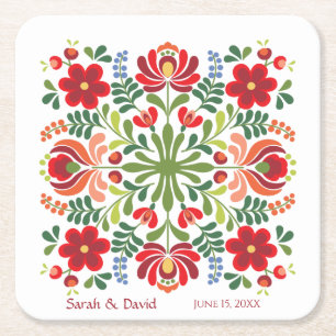 Hungarian Design Red Flowers Square Paper Coaster