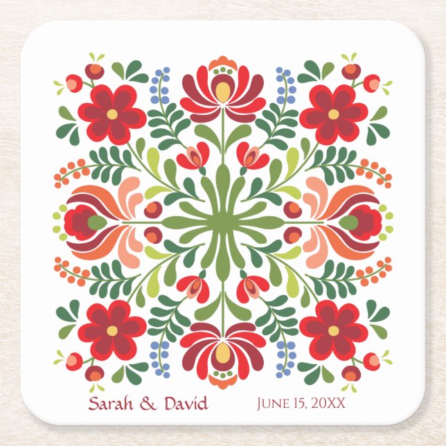 Hungarian Design Red Flowers Square Paper Coaster (Front)