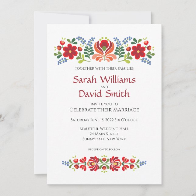 Hungarian Design Red Flowers Wedding Invitation (Front)