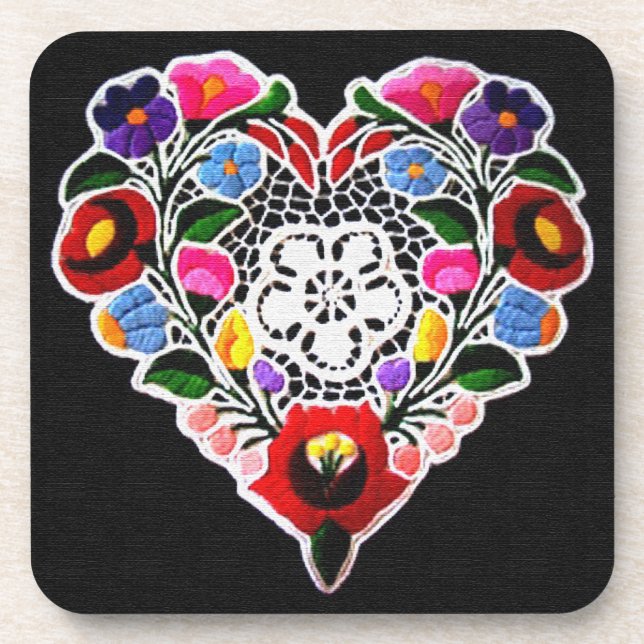Hungarian Embroidery Heart on Black Coaster (Front)