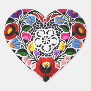 Hungarian Embroidery Heart on Black  Heart Sticker