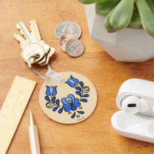 Hungarian Embroidery Pattern, "Matyó" - blue Key Ring