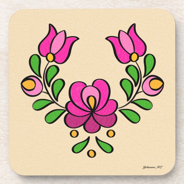 Hungarian Embroidery Pattern, "Matyó" - pink Coaster (Front)