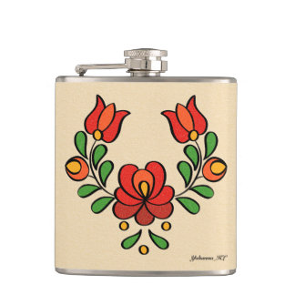 Hungarian Embroidery Pattern, "Matyó" - pink Hip Flask