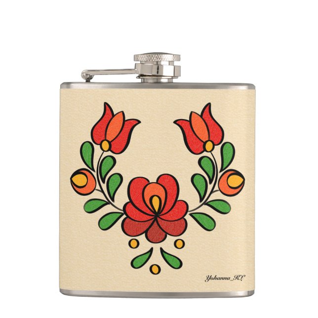 Hungarian Embroidery Pattern, "Matyó" - pink Hip Flask (Front)