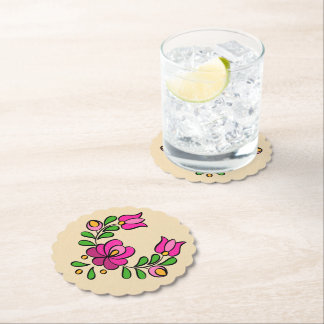 Hungarian Embroidery Pattern, "Matyó" - pink Paper Coaster