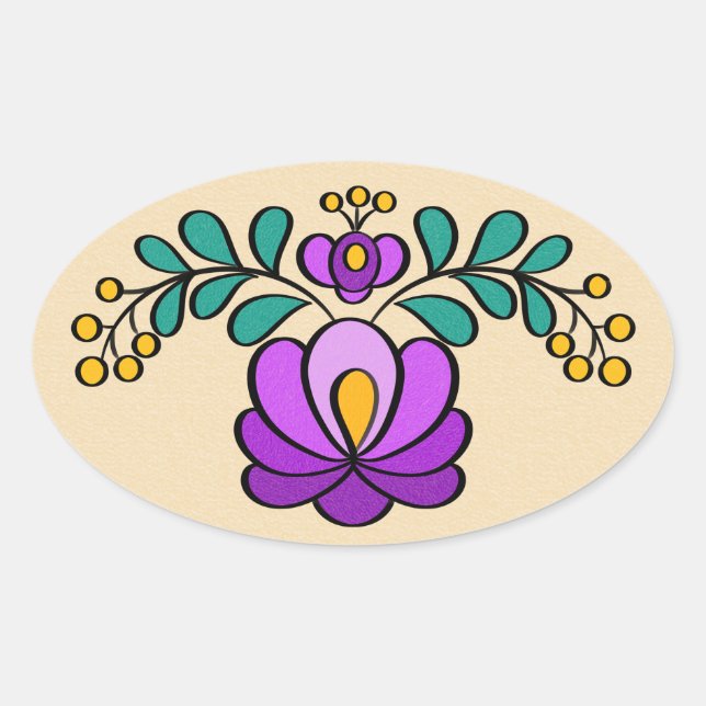 Hungarian Embroidery Pattern, "Matyó" - purple Oval Sticker (Front)