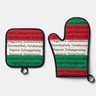 Hungarian Flag Colours with Cities Oven Mitt & Pot Holder Set